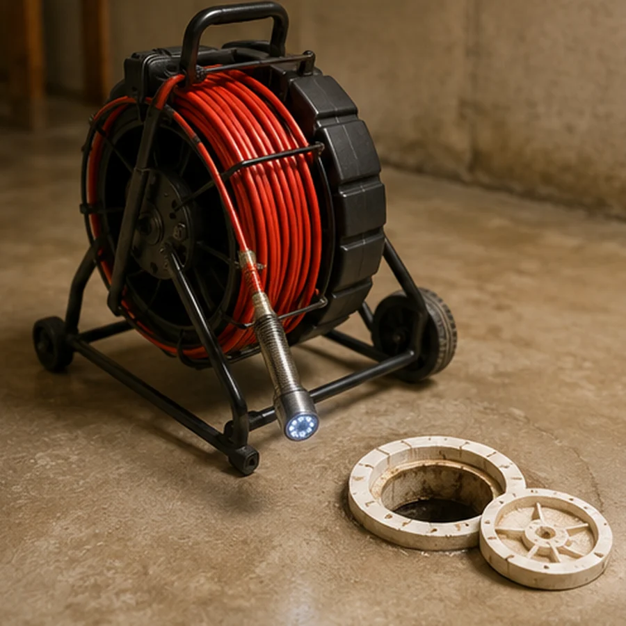 Sewer scope inspection — camera reel beside a floor cleanout